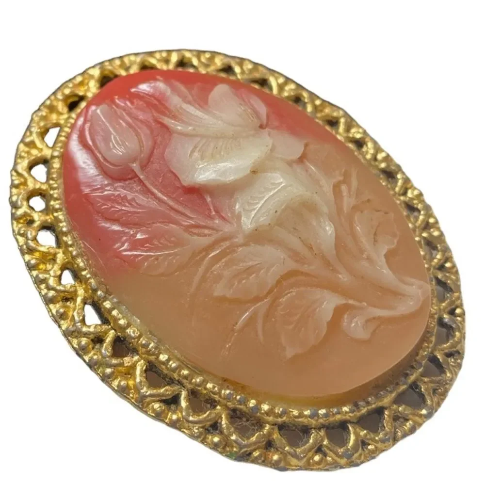 Vintage Carved Celluloid Flower Cameo Brooch